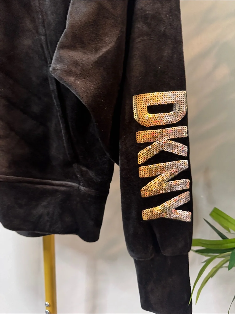 DKNY Black Velvet Hoodie with Gold and silver sequins Logo Sleeve EUC